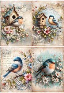 Papier ryżowy A4 do decoupage Artando  - ptaki, kwiaty, koronka, budki, napisy