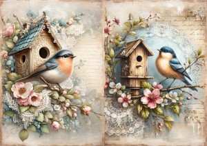 Papier ryżowy A4 do decoupage Artando  - ptaki, kwiaty, koronka, budki, napisy 
