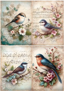 Papier ryżowy A4 do decoupage Artando  - ptaki, kwiaty, koronka, nuty, napisy