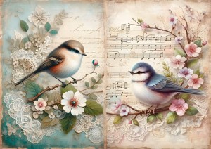 Papier ryżowy A4 do decoupage Artando  - ptaki, kwiaty, koronka, nuty, napisy 
