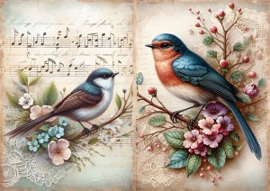 Papier ryżowy A4 do decoupage Artando  - ptaki, kwiaty, koronka, nuty, napisy 