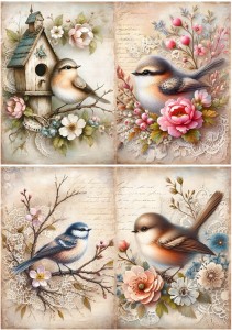 Papier ryżowy A4 do decoupage Artando  - ptaki, kwiaty, koronka, budka, napisy