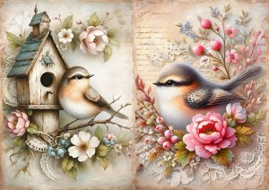 Papier ryżowy A4 do decoupage Artando  - ptaki, kwiaty, koronka, budka, napisy