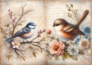 Papier ryżowy A4 do decoupage Artando  - ptaki, kwiaty, koronka, napisy