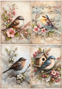 Papier ryżowy A4 do decoupage Artando  - ptaki, kwiaty, koronka, budka, nuty, napisy