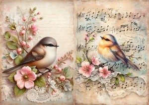 Papier ryżowy A4 do decoupage Artando  - ptaki, kwiaty, koronka, nuty, napisy