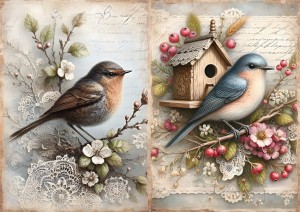 Papier ryżowy A4 do decoupage Artando  - ptaki, kwiaty, koronka, budka, napisy