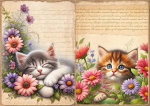 Papier ryżowy A4 do decoupage Artando  - koty, kotki, kwiaty, napisy 