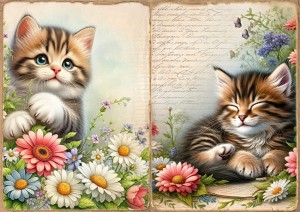 Papier ryżowy A4 do decoupage Artando  - koty, kotki, kwiaty, napisy