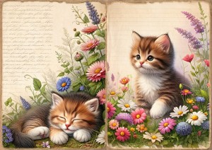 Papier ryżowy A4 do decoupage Artando  - koty, kotki, kwiaty, napisy