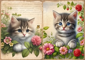 Papier ryżowy A4 do decoupage Artando  - koty, kotki, kwiaty, napisy