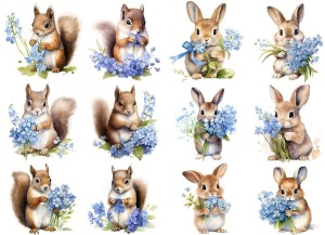 Papier ryżowy A4 Artando do decoupage -zwierzęta, wiewiórki, zające, kwiaty, niezapominajki