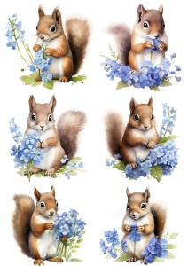 Papier ryżowy A4 Artando do decoupage - zwierzęta, wiewiórki, kwiaty, niezapominajki