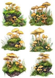 Papier ryżowy A4 do decoupage Artando - grzyby, grzybki, mech, liście, paprocie