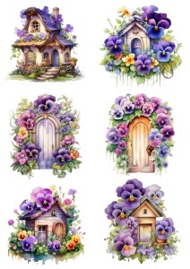 Papier ryżowy A4 do decoupage Artando - kwiaty, bratki, domki, drzwi