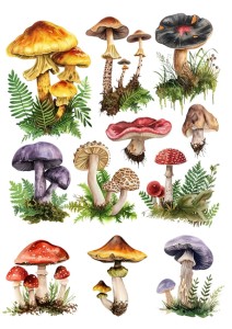 Papier ryżowy A4 do decoupage Artando - grzyby, grzybki, liście, paprocie