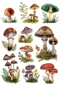 Papier ryżowy A4 do decoupage Artando - grzyby, grzybki, liście, paprocie