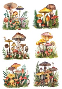 Papier ryżowy A4 do decoupage Artando - grzyby, grzybki, liście, paprocie 