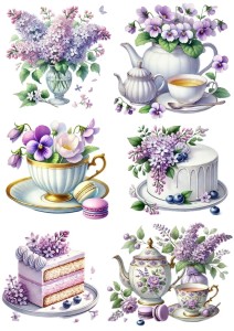 Papier ryżowy A4 do decoupage Artando  - filiżanki, ciasta, kwiaty, bzy, bratki