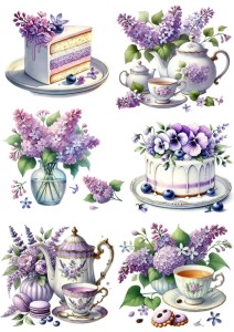 Papier ryżowy A4 do decoupage Artando  - filiżanki, ciasta, kwiaty, bzy, bratki 