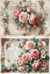Papier ryżowy A4 do decoupage Artando  - kwiaty, róże, Vintage, napisy