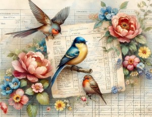 Papier ryżowy A4 Artando do decoupage - Vintage, ptaki, kwiaty, motyle, napisy