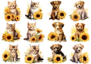 Papier ryżowy A4 Artando do decoupage - koty, psy, kwiaty, słoneczniki