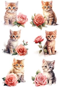 Papier ryżowy A4 Artando do decoupage - koty, kotki, kwiaty, róże