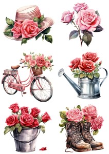 Papier ryżowy A4 Artando do decoupage - kwiaty, róże, rower, buty, kapelusz, wiaderko 