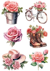 Papier ryżowy A4 Artando do decoupage - kwiaty, róże, rower, buty, kapelusz, wiaderko