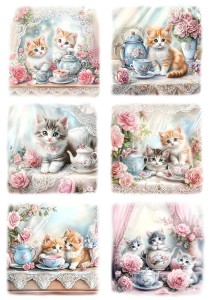 Papier ryżowy A4 Artando do decoupage - koty, kwiaty, róże, filiżanki, porcelana