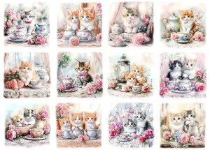 Papier ryżowy A4 Artando do decoupage - koty, kwiaty, róże, filiżanki, porcelana