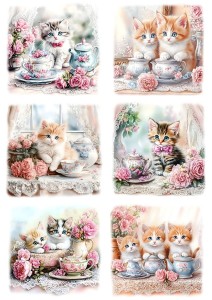 Papier ryżowy A4 Artando do decoupage - koty, kwiaty, róże, filiżanki, porcelana
