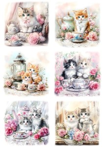 Papier ryżowy A4 Artando do decoupage - koty, kwiaty, róże, filiżanki, porcelana