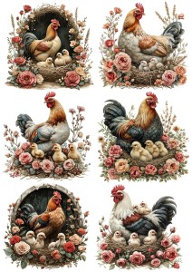 Papier klasyczny A4 do decoupage - Wielkanoc , kury, koguty, kurczaki, gniazda, koszyki, kwiaty, róże