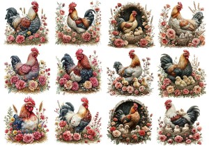 Papier klasyczny A4 do decoupage - Wielkanoc , kury, koguty, kurczaki, gniazda, koszyki, kwiaty, róże