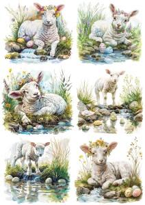 Papier klasyczny A4 do decoupage - Wielkanoc, baranki, owieczki,  jagnięta, pisanki, strumyk