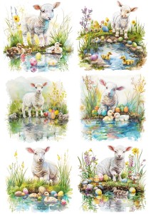 Papier klasyczny A4 do decoupage - Wielkanoc, baranki, owieczki,  jagnięta, pisanki, strumyk 