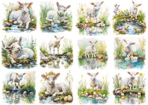 Papier klasyczny A4 do decoupage - Wielkanoc, baranki, owieczki,  jagnięta, pisanki, strumyk 