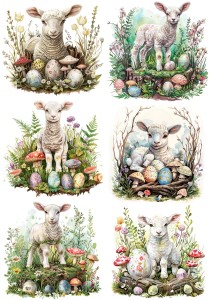 Papier klasyczny A4 do decoupage - Wielkanoc, baranki, owieczki,  jagnięta, pisanki, grzyby