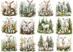 Papier klasyczny A4 do decoupage - Wielkanoc, baranki, owieczki,  jagnięta, pisanki, grzyby, las 