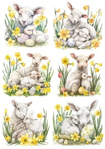 Papier klasyczny A4 do decoupage - Wielkanoc, baranki, owieczki,  jagnięta, pisanki, kwiaty