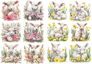 Papier klasyczny A4 do decoupage - Wielkanoc, baranki, owieczki,  jagnięta, pisanki, kwiaty
