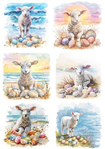 Papier klasyczny A4 do decoupage - Wielkanoc, baranki, owieczki,  jagnięta, pisanki, plaża, muszle