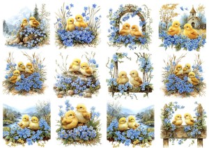 Papier ryżowy A4 Artando do decoupage - Wielkanoc, kurczaki, kwiaty, niezapominajki