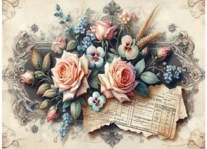 Papier ryżowy A4 Artando do decoupage - kwiaty, róże, Vintage, napisy