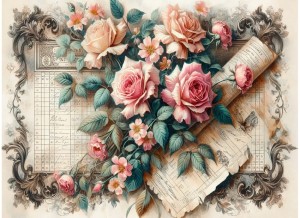 Papier ryżowy A4 Artando do decoupage - kwiaty, róże, Vintage, napisy