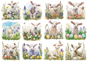 Papier klasyczny A4 do decoupage - Wielkanoc, baranki, owieczki,  jagnięta, pisanki, kwiaty