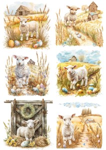 Papier klasyczny A4 do decoupage - Wielkanoc, baranki, owieczki,  jagnięta, jajka, farma, deski