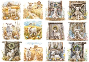 Papier klasyczny A4 do decoupage - Wielkanoc, baranki, owieczki,  jagnięta, jajka, farma, deski 